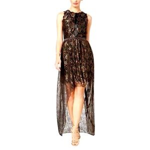 Adrianna Papell Elegant Black and Gold Lace High Low Dress